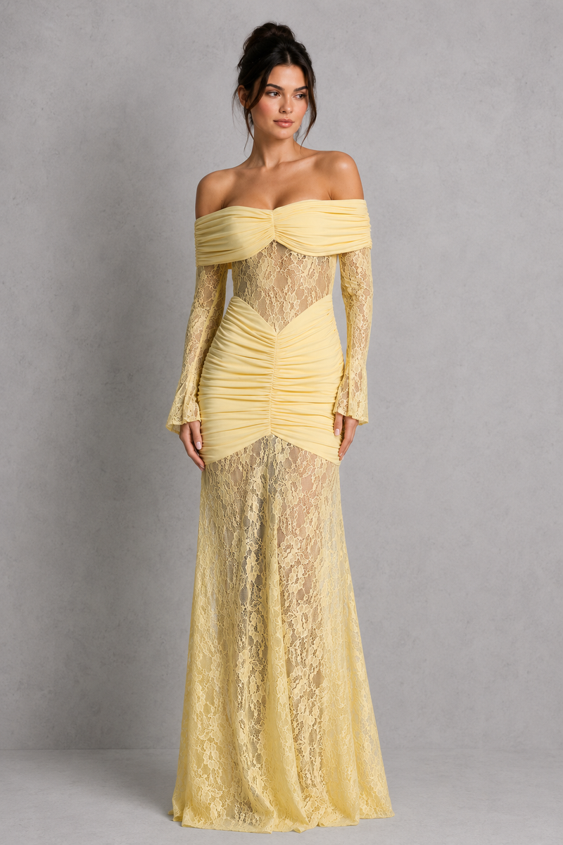 Women’s Lace Sleeve Maxi Dress with Ruched Detail for Evening & Formal Wear