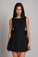 Women’s Pearl Trim Mini Dress with Detachable Bow for Parties & Special Occasions