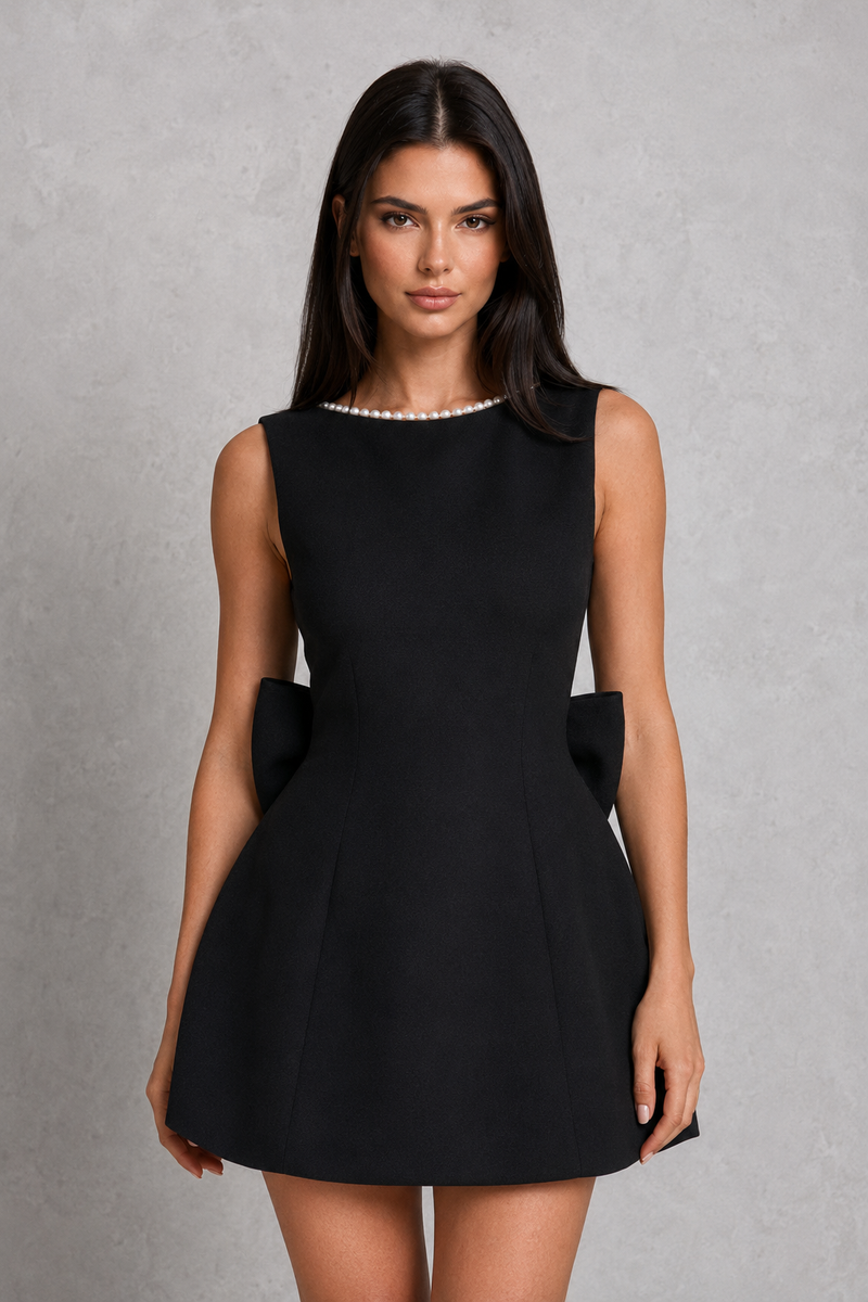 Women’s Pearl Trim Mini Dress with Detachable Bow for Parties & Special Occasions