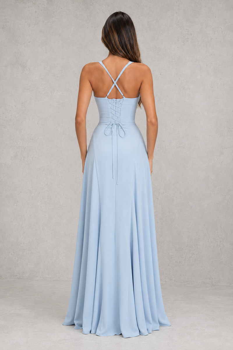 Women’s Chiffon Maxi Dress with Lace-Up Back for Wedding, Evening & Formal Wear
