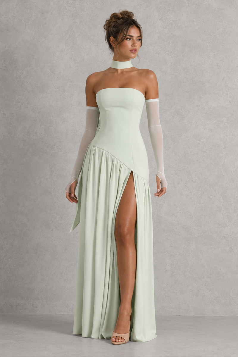 Women’s Chiffon Maxi Dress with Lace-Up Back & Thigh High Split for Wedding, Evening & Formal Wear
