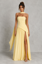 Women’s Chiffon Maxi Dress with Lace-Up Back & Thigh High Split for Wedding, Evening & Formal Wear