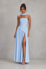 Women’s Chiffon Maxi Dress with Lace-Up Back & Thigh High Split for Wedding, Evening & Formal Wear