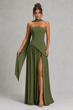 Women’s Chiffon Maxi Dress with Lace-Up Back & Thigh High Split for Wedding, Evening & Formal Wear