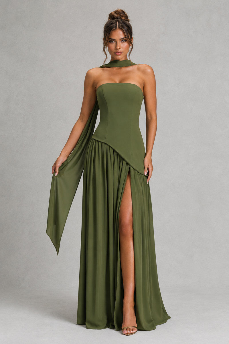 Women’s Chiffon Maxi Dress with Lace-Up Back & Thigh High Split for Wedding, Evening & Formal Wear