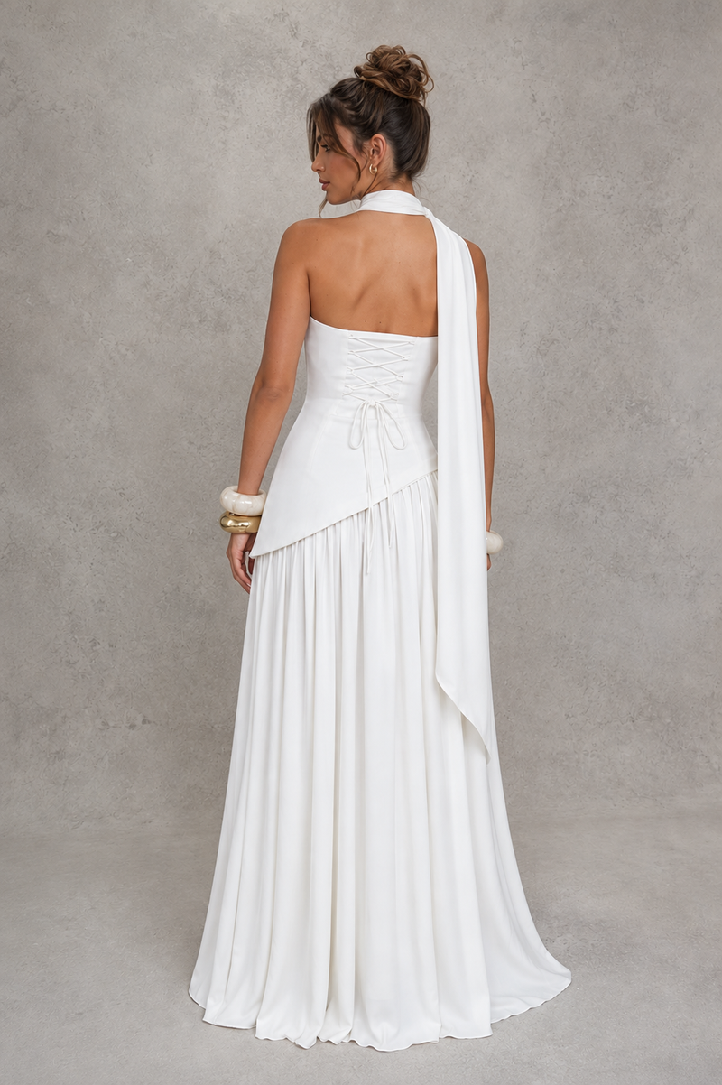 Women’s Chiffon Maxi Dress with Lace-Up Back & Thigh High Split for Wedding, Evening & Formal Wear
