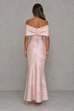 Women’s Floral Jacquard Maxi Dress with Bardot Bow Neckline for Evening & Formal Wear