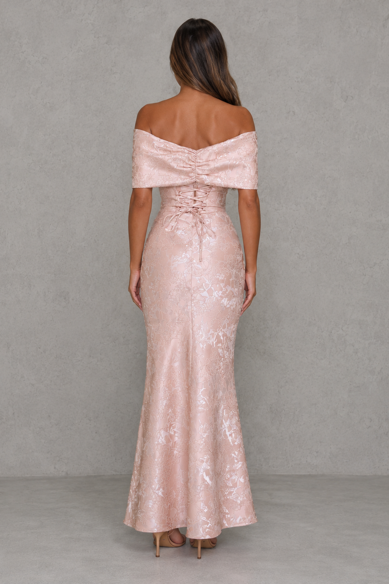 Women’s Floral Jacquard Maxi Dress with Bardot Bow Neckline for Evening & Formal Wear