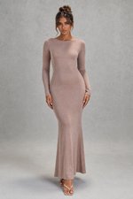 Women’s Long Sleeve Bodycon Maxi Dress with Low Open Back for Evening & Formal Wear