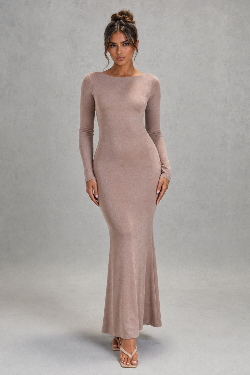 Women’s Long Sleeve Bodycon Maxi Dress with Low Open Back for Evening & Formal Wear