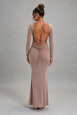 Women’s Long Sleeve Bodycon Maxi Dress with Low Open Back for Evening & Formal Wear