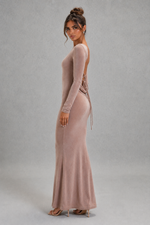 Women’s Long Sleeve Bodycon Maxi Dress with Low Open Back for Evening & Formal Wear