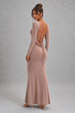 Women’s Long Sleeve Bodycon Maxi Dress with Low Open Back for Evening & Formal Wear