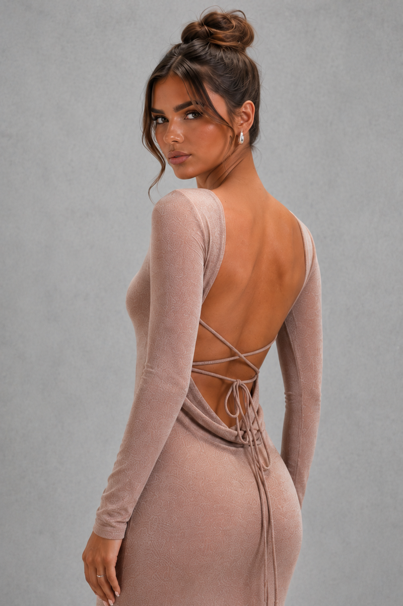 Women’s Long Sleeve Bodycon Maxi Dress with Low Open Back for Evening & Formal Wear
