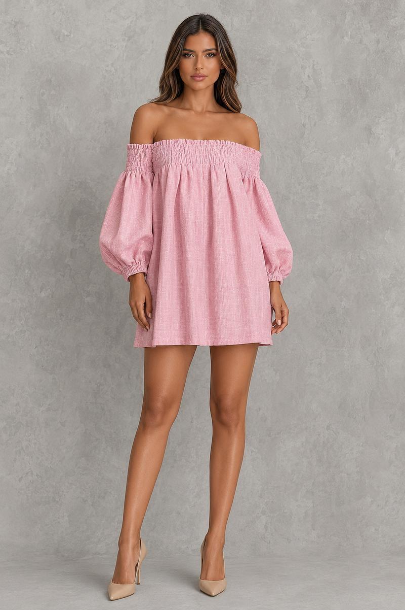 Women’s Off Shoulder Faux Linen Mini Dress with Lantern Sleeves for Casual Summer Wear