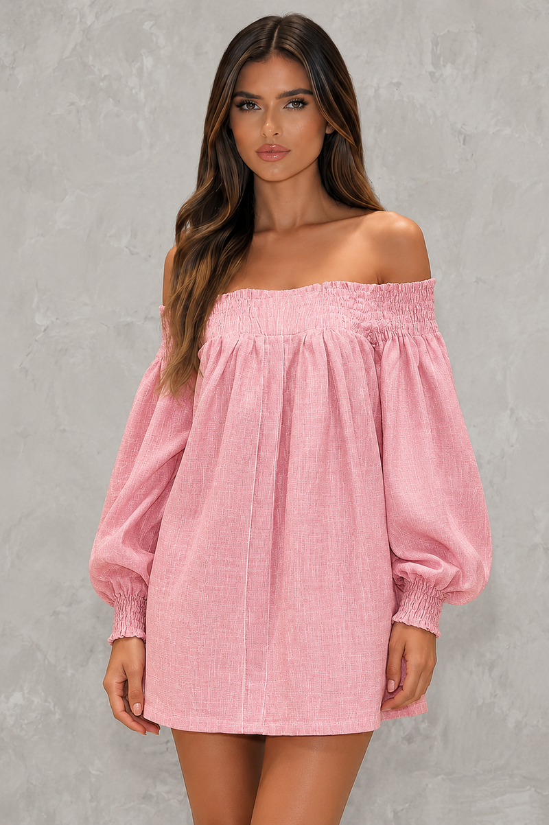 Women’s Off Shoulder Faux Linen Mini Dress with Lantern Sleeves for Casual Summer Wear