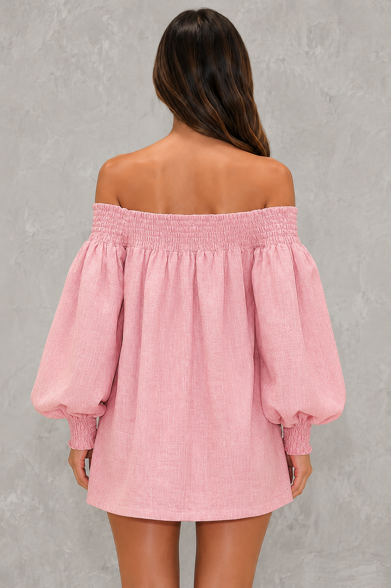 Women’s Off Shoulder Faux Linen Mini Dress with Lantern Sleeves for Casual Summer Wear