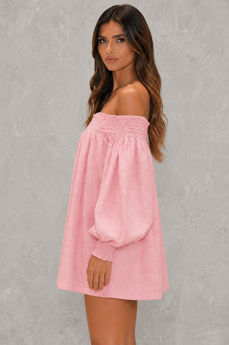 Women’s Off Shoulder Faux Linen Mini Dress with Lantern Sleeves for Casual Summer Wear