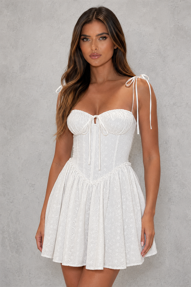 Women’s Broderie Anglaise Corset Mini Dress with Lace-Up Back for Summer & Party Wear