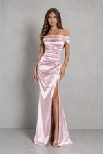 Women’s Satin Bardot Maxi Dress with Corset Waist & High Split for Evening & Formal Wear