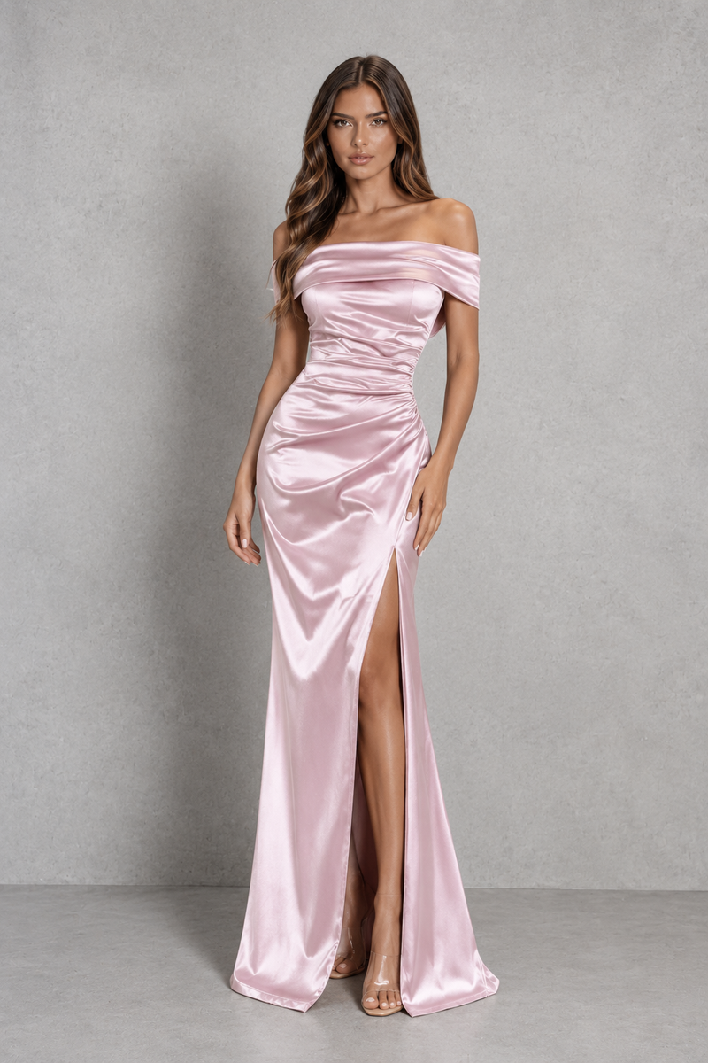 Women’s Satin Bardot Maxi Dress with Corset Waist & High Split for Evening & Formal Wear