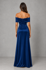 Women’s Satin Bardot Maxi Dress with Corset Waist & High Split for Evening & Formal Wear