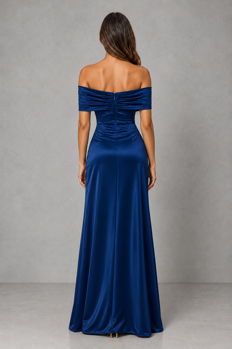Women’s Satin Bardot Maxi Dress with Corset Waist & High Split for Evening & Formal Wear