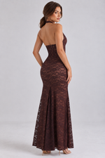 Women’s Vintage Brown Lace Corset Maxi Party Dress