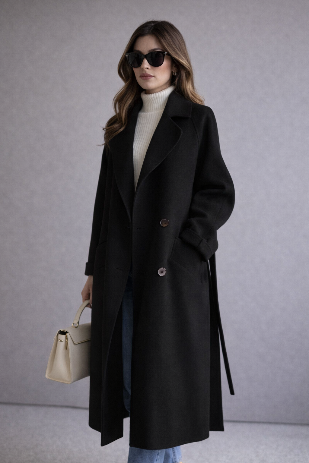 Woman wearing a black coat with sunglasses and a beige handbag against a gray background