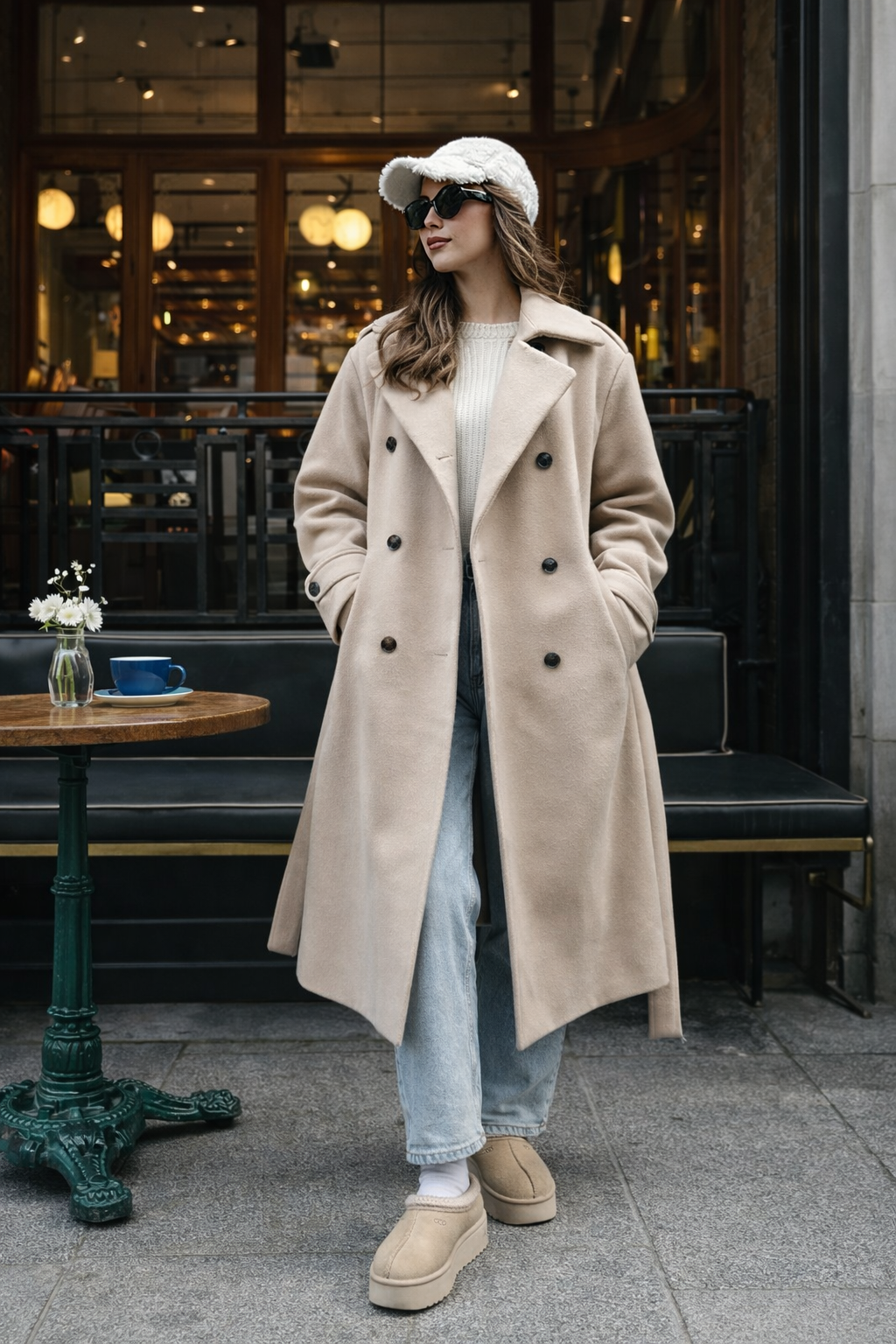 Woman in a beige coat standing outside a café