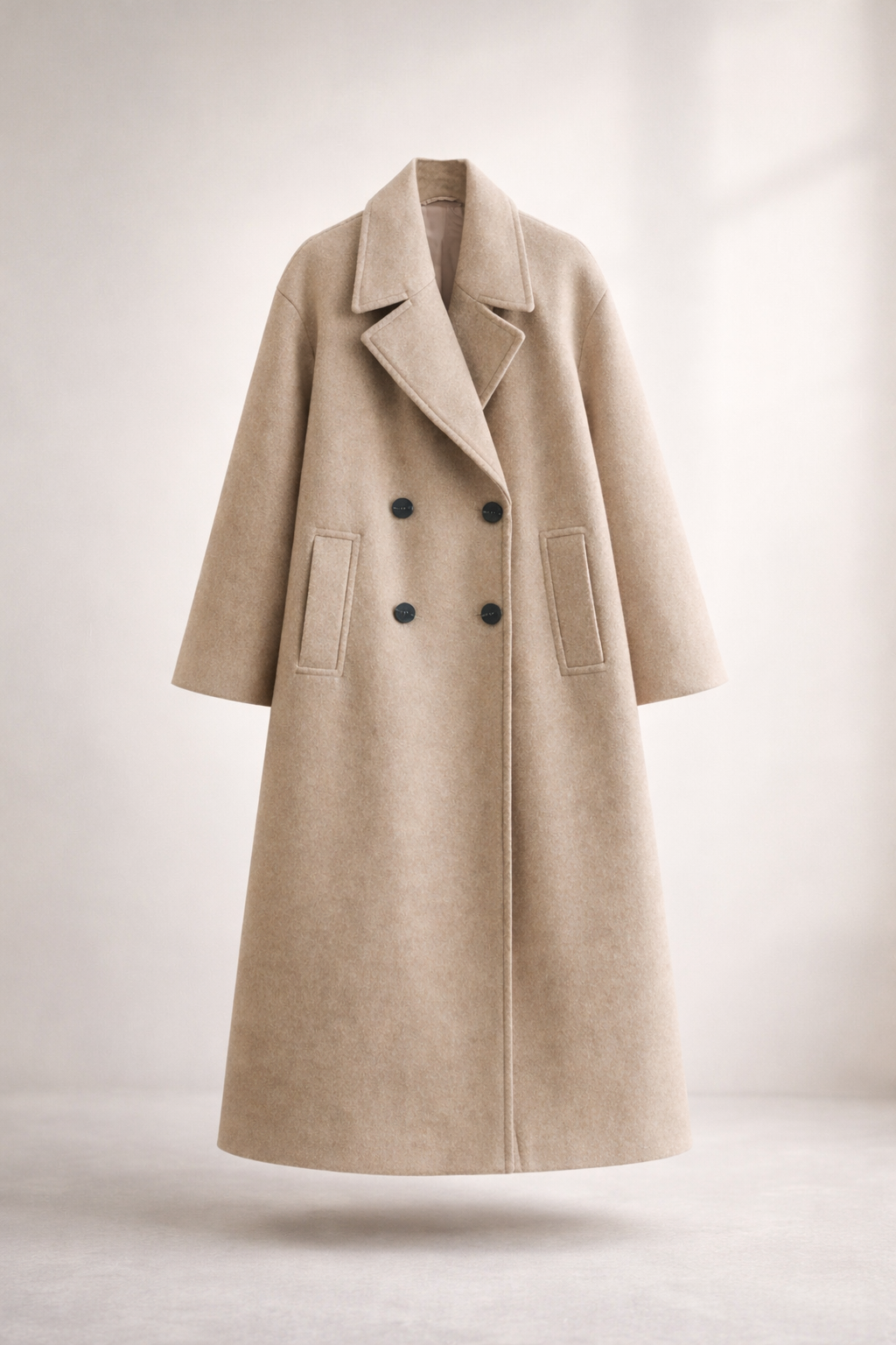 Beige overcoat with black buttons on a light gray background