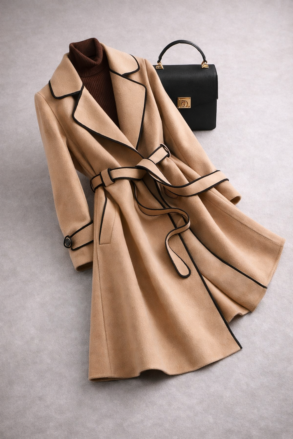 Beige coat with black trim and a matching handbag on a light gray background