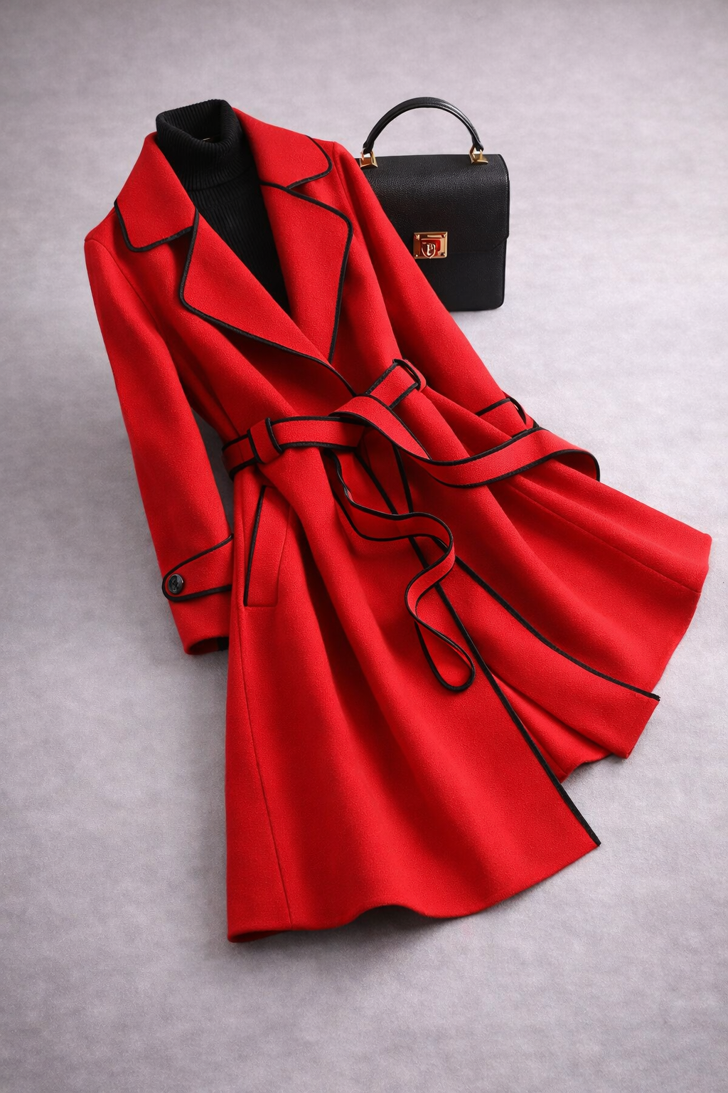 Red coat with black trim and a black handbag on a gray background