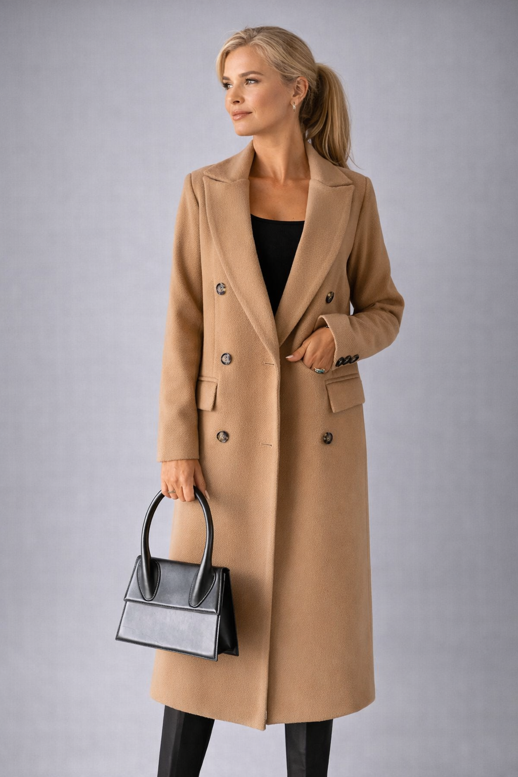 Woman wearing a beige coat holding a black handbag against a gray background