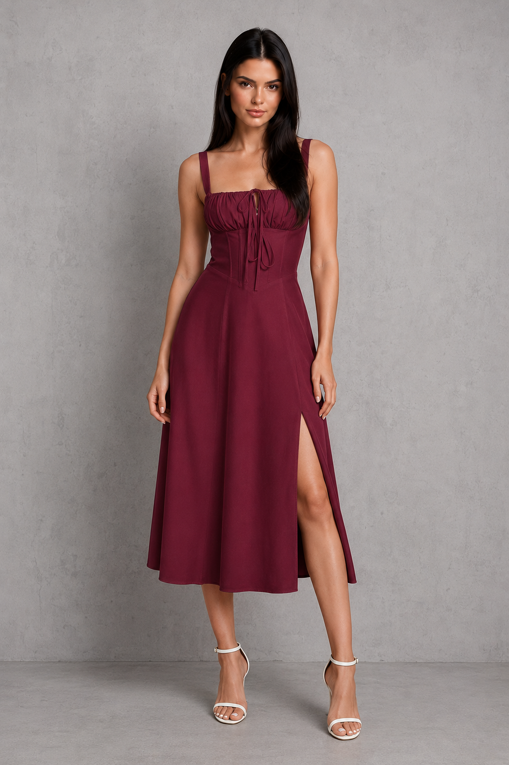 Women's Corset Midi Wedding Guest Dress with Thigh High Split