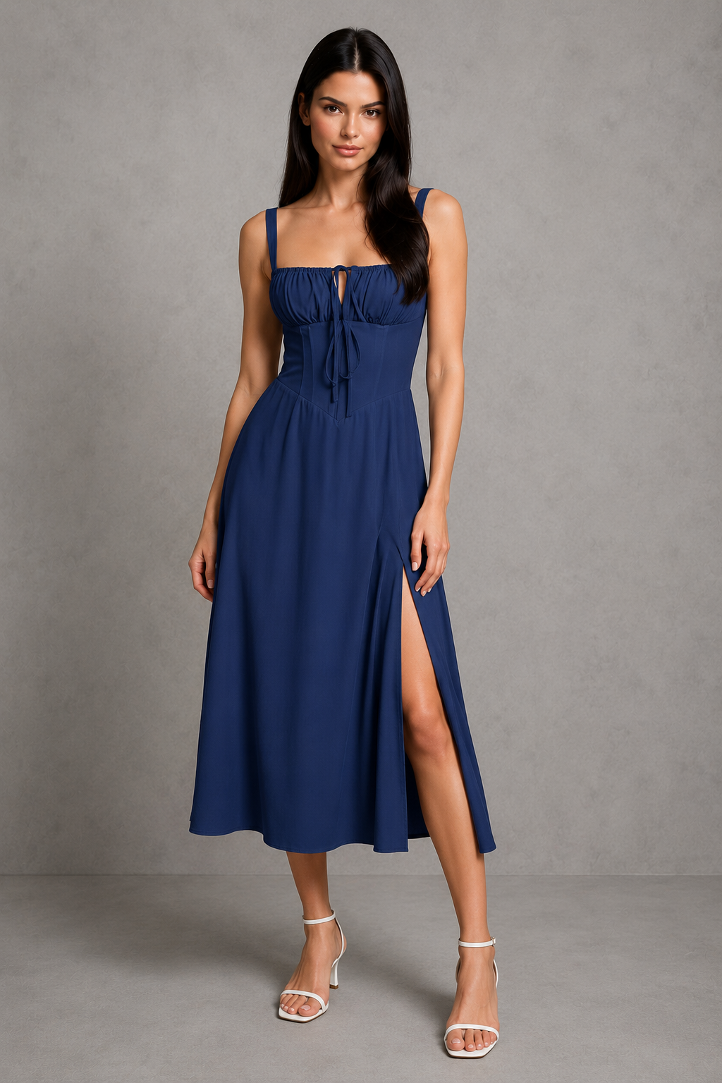 Women's Corset Midi Wedding Guest Dress with Thigh High Split