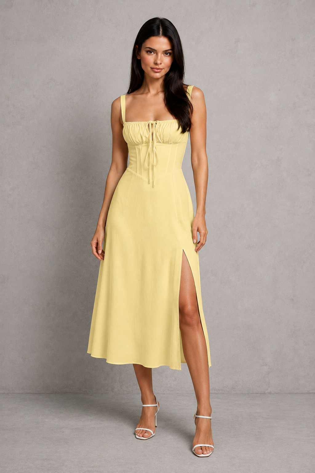 Women's Corset Midi Wedding Guest Dress with Thigh High Split