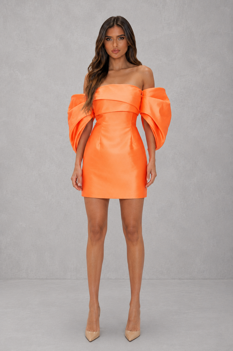Women’s Bardot Taffeta Mini Dress with Pleated Sleeves for Party & Special Occasion Wear