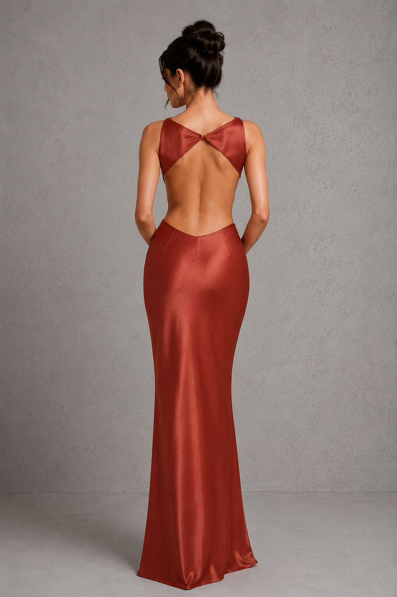 Women’s Satin Maxi Dress with Open Back Detail for Evening & Formal Wear
