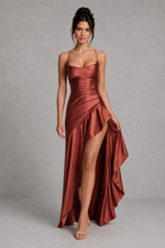 Women’s Satin High-Low Maxi Dress with Split Detail for Evening & Formal Wear