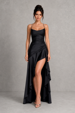 Women’s Satin High-Low Maxi Dress with Split Detail for Evening & Formal Wear