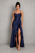 Women’s Satin High-Low Maxi Dress with Split Detail for Evening & Formal Wear