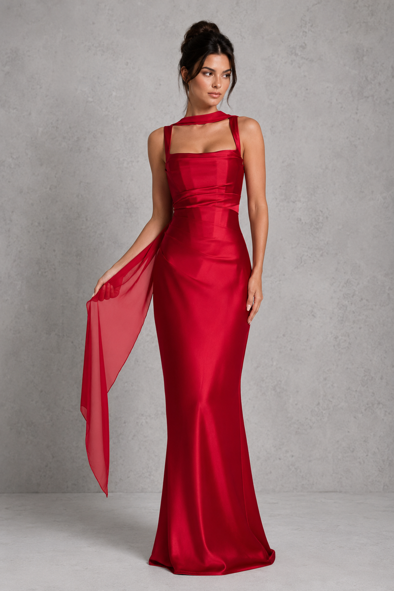 Women’s Satin Maxi Dress with Corset Bodice for Evening & Formal Wear