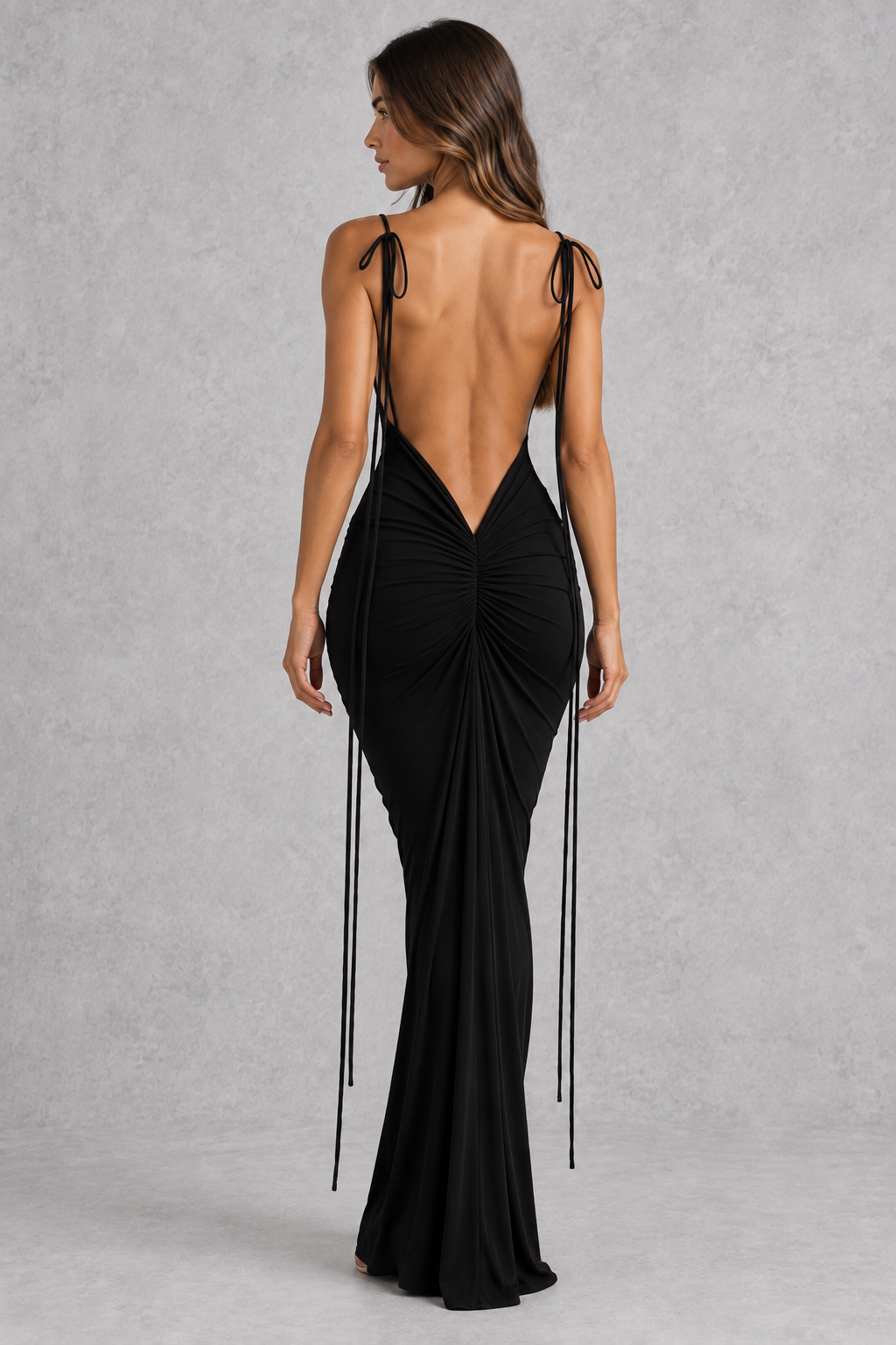 Women’s Slinky Maxi Dress with Low Back & Ruched Detail for Wedding, Evening & Formal Wear