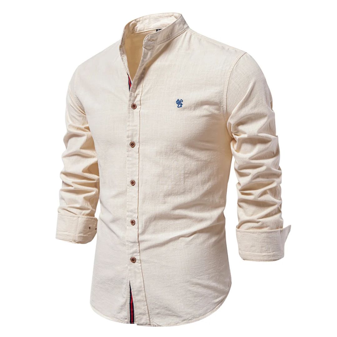 Men’s traditional shirt in beige with classic button design, comfortable and stylish for smart casual and business wear.