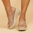 Women’s orthopaedic wedge espadrilles in beige with cushioned footbed, stylish and supportive for everyday wear.1
