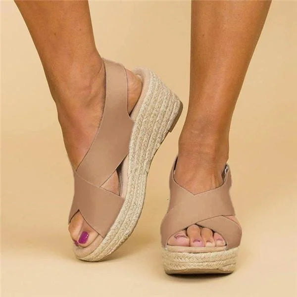 Women’s orthopaedic wedge espadrilles in beige with cushioned footbed, stylish and supportive for everyday wear.1