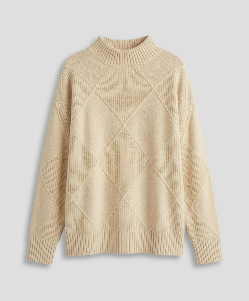 Women’s soft turtleneck sweater in beige, warm and comfortable, stylish for casual and elegant winter outfits.