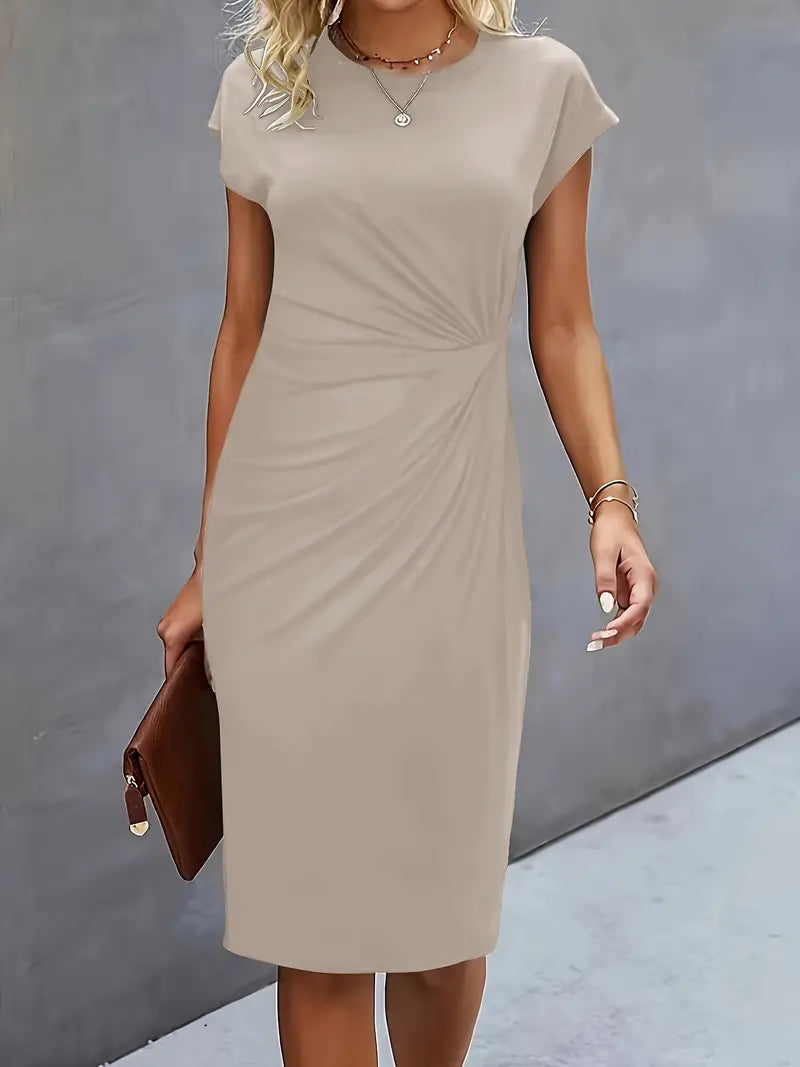 Women’s beige midi dress with flattering fit and classic minimal design.