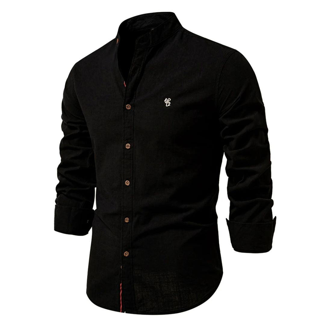 Men’s traditional shirt in black with classic button design, comfortable and stylish for smart casual and business wear.